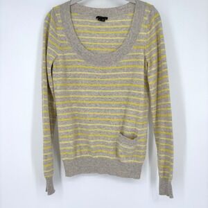Theory 100% Cashmere Striped Scoop Neck Sweater Sz S Yellow Gray‎ Pocket Retro
